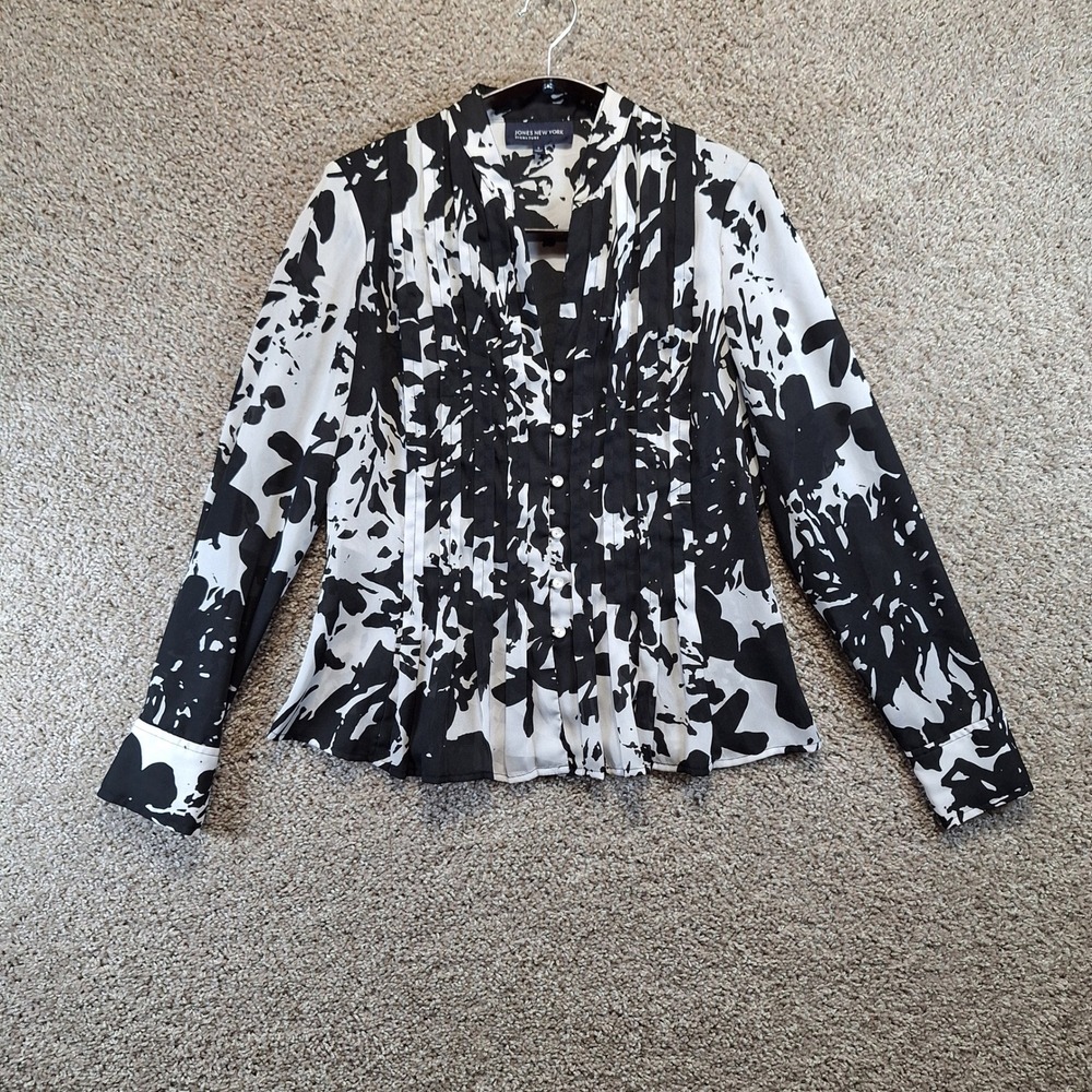 Jones New York Signature Blouse Women S Black and White Pleated Abstract Chic